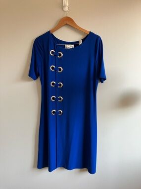 JOSEPH RIBKOFF Grommet Jersey Shift Dress eoyal blue short sleeve size 12